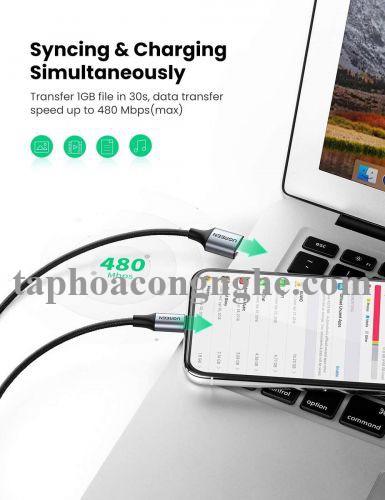 Ugreen 60159 0.25m màu trắng cáp USB 2.0 A ra Lightning MFI đầu bọc nhôm mà nickel chống nhiễu 25cm US291 30060159